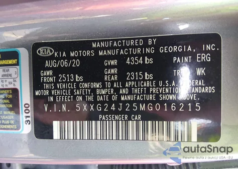 2021 Kia K5 Lx z USA, uszkodzony, nr VIN 5XXG24J25MG016215